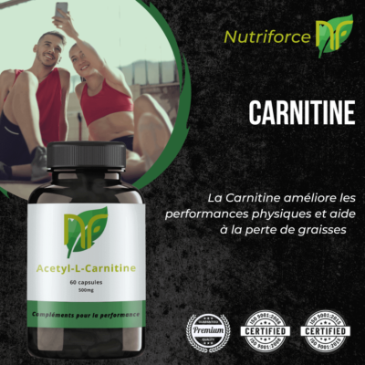 photo of acetyl L carnitine capsules and powder for bodybuilding, its effects on fat loss and to lose weight are detailed in this image on weight and carnitine, safe in the long term and works without sport with very positive benefits and reviews