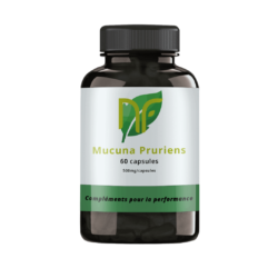 photo of a box of mucuna pruriens capsules and powder for serotonin, dopamine and testosterone, a nootropic also used in bodybuilding for its benefits and safety, forum and pharmacy reviews are positive, where to buy: nutriforce